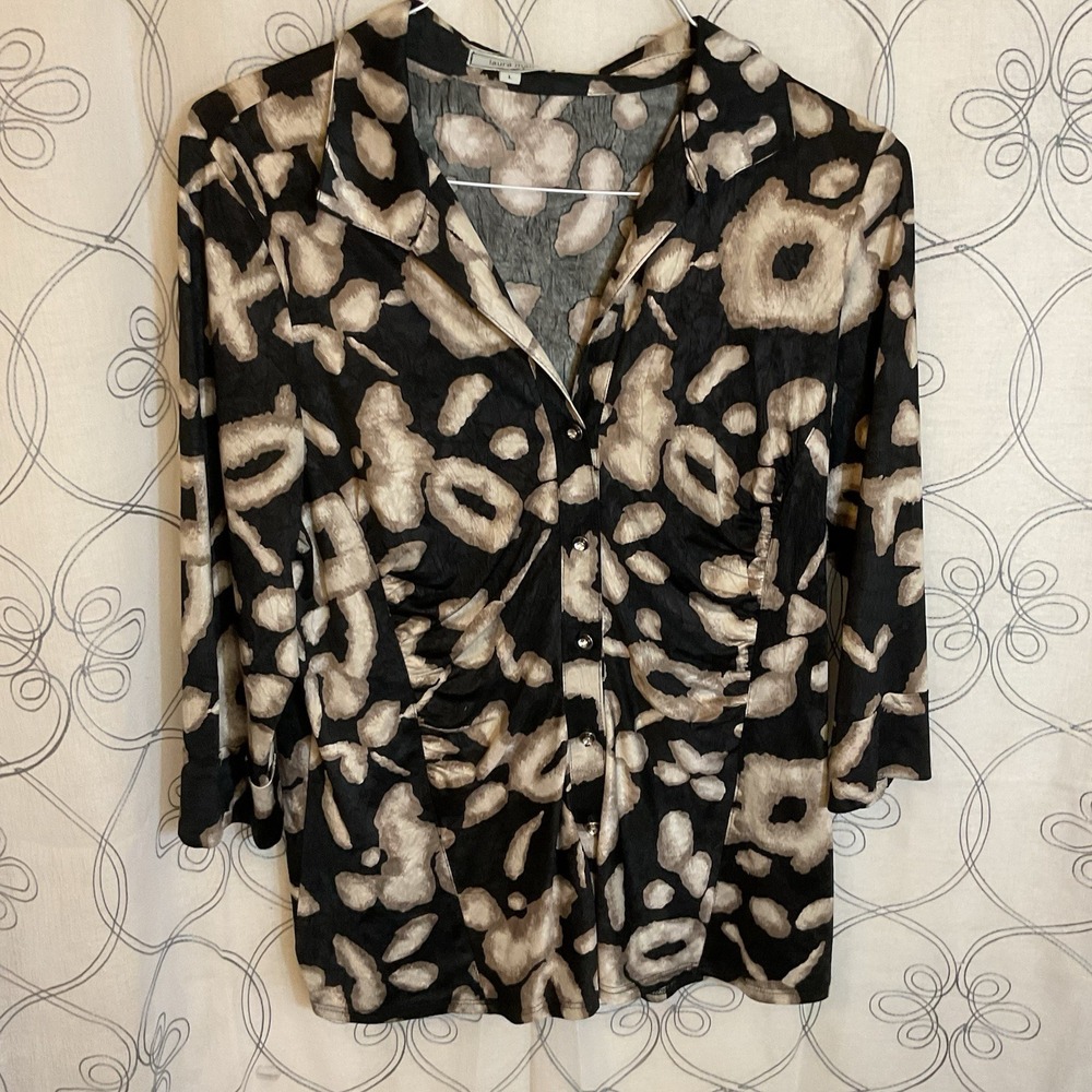 Woman's Laura‎ Max Black Brown 3/4 Sleeve Button Up Top V-Neck Collared Large
